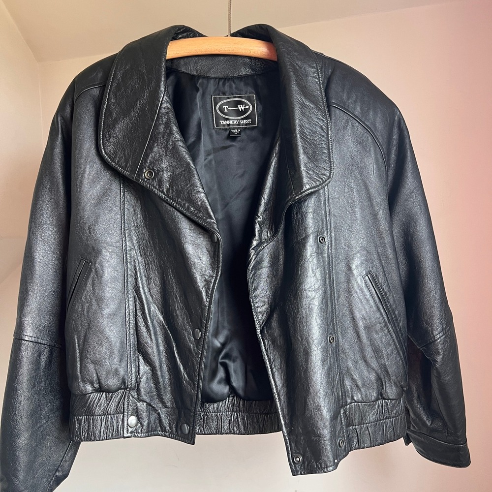 Vintage 80s Leather Jacket Black Cropped Statement Bomber Moto‎ Biker 90s - Picture 8 of 10